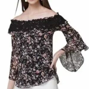 White House Black Market Floral Crochet Off Shoulder Blouse Top XS